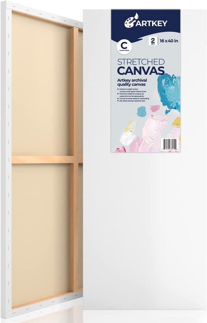 Artkey Stretched Canvases for Painting 16x40 Inch 2-Pack, 12.3 oz Triple Primed Acid-Free 100% Cotton Long Blank Canvas, Large Art Canvases for Oil Paint Acrylics Pouring & Wet Art Media, Pour Painting - Image 1